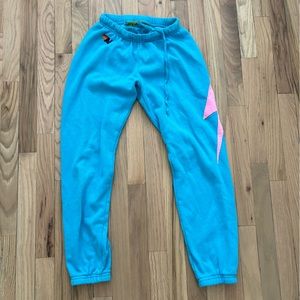NEON BLUE AVIATOR NATION SWEATPANTS- PINK LIGHTNING BOLT🪩
